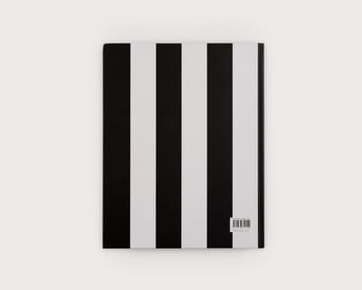 Back cover of a book with thick black and white veritcal stripes