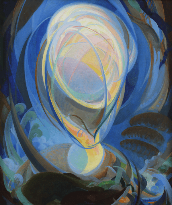 Oil painting "Being" by Agnes Pelton, a large warm toned orb surrounded by cool, dark blue and black lines.