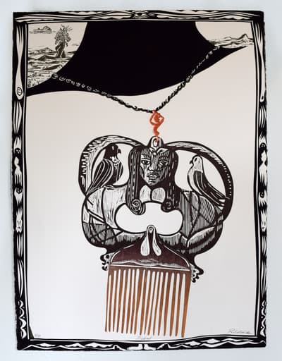Screenprint of a non-figurative scene with a a central figure dangling on a chain with a bird on each shoulder.