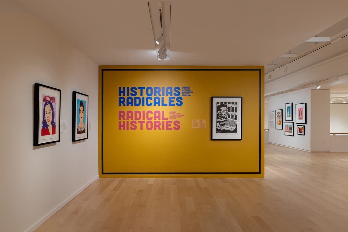 Entrance view of the “Radical Histories” exhibition with bold wall text in English and Spanish, and surrounding framed artworks on both sides