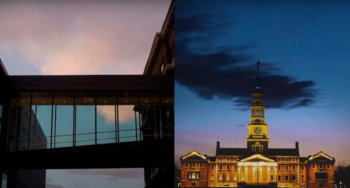 Title card for Colby College Dare Northward campaign video depicting building at dusk.