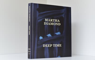 A book cover with a full bleed abstract blue painting with the text MARTHA DIAMOND DEEP TIME in a light yellow