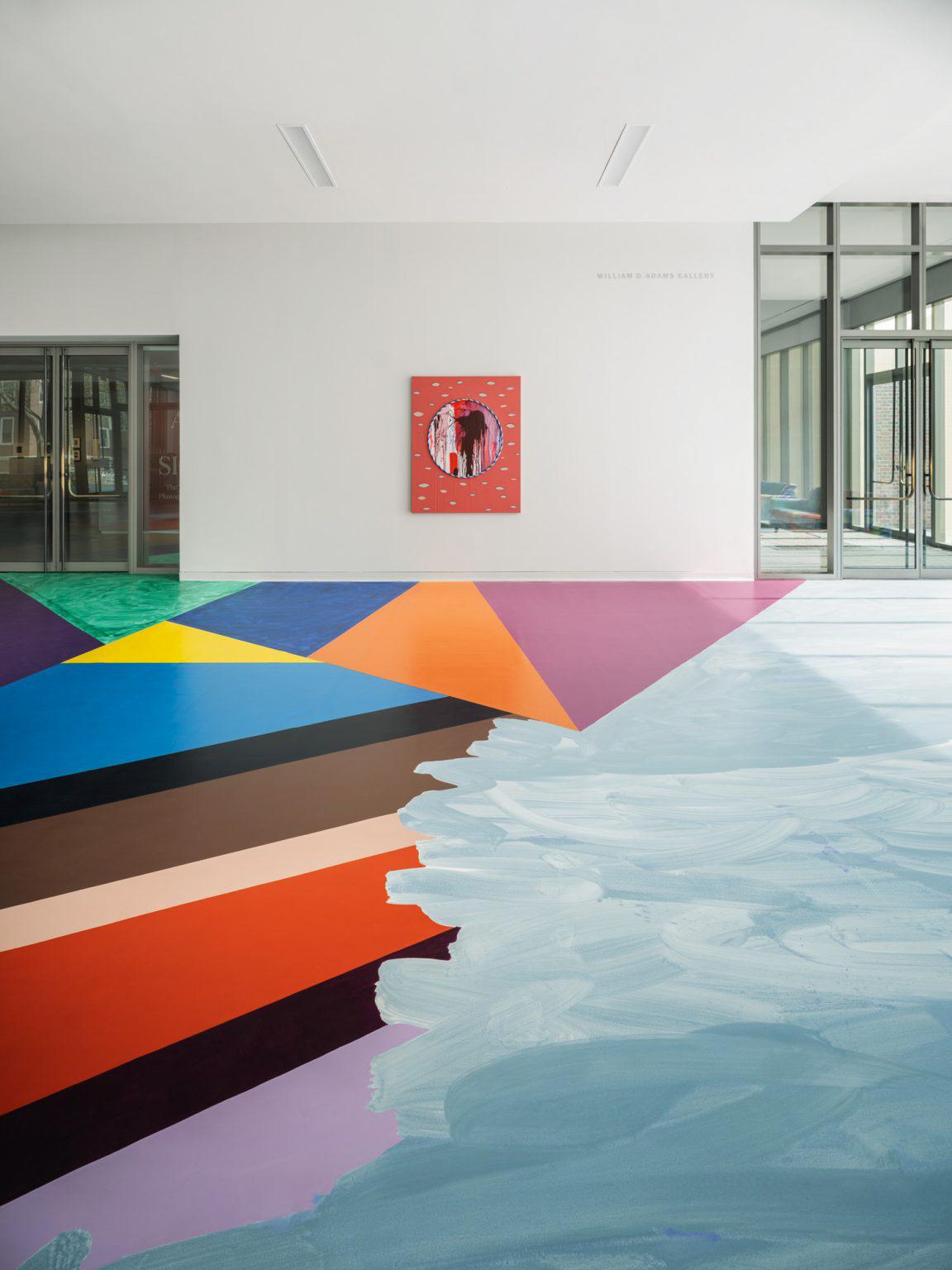 Installation view of Sarah Cain: hand in hand, William D. Adams Lobby, Colby College Museum of Art, Waterville, Maine, 2022. Photo: Trent Bell