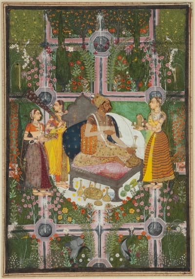 Watercolor with gold depicting three women surrounding a seated man.