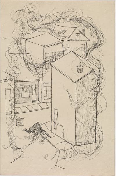 Line drawing of clustered buildings with swirling abstract lines around them