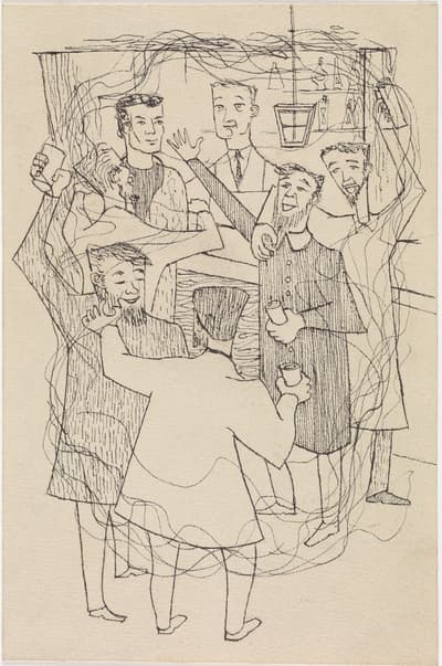 Line drawing of a group of people standing closely together with overlapping outlines