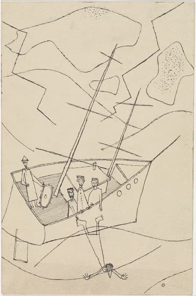 Line drawing of sailors on a ship with tall masts and abstract background shapes
