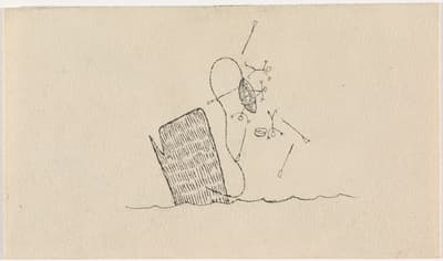 Line drawing of a tilted block and abstract shapes with arrows on beige paper