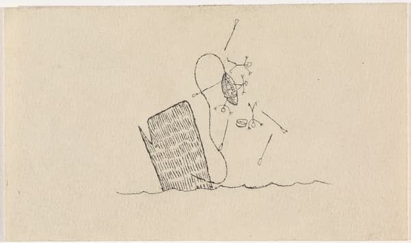 Line drawing of a tilted block and abstract shapes with arrows on beige paper