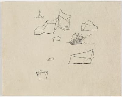 Line drawing of a ship and scattered geometric shapes on beige paper