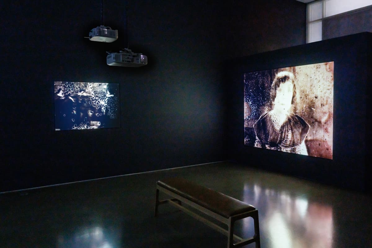 Two projected video works in a dark gallery space with a bench in front and two ceiling-mounted projectors.