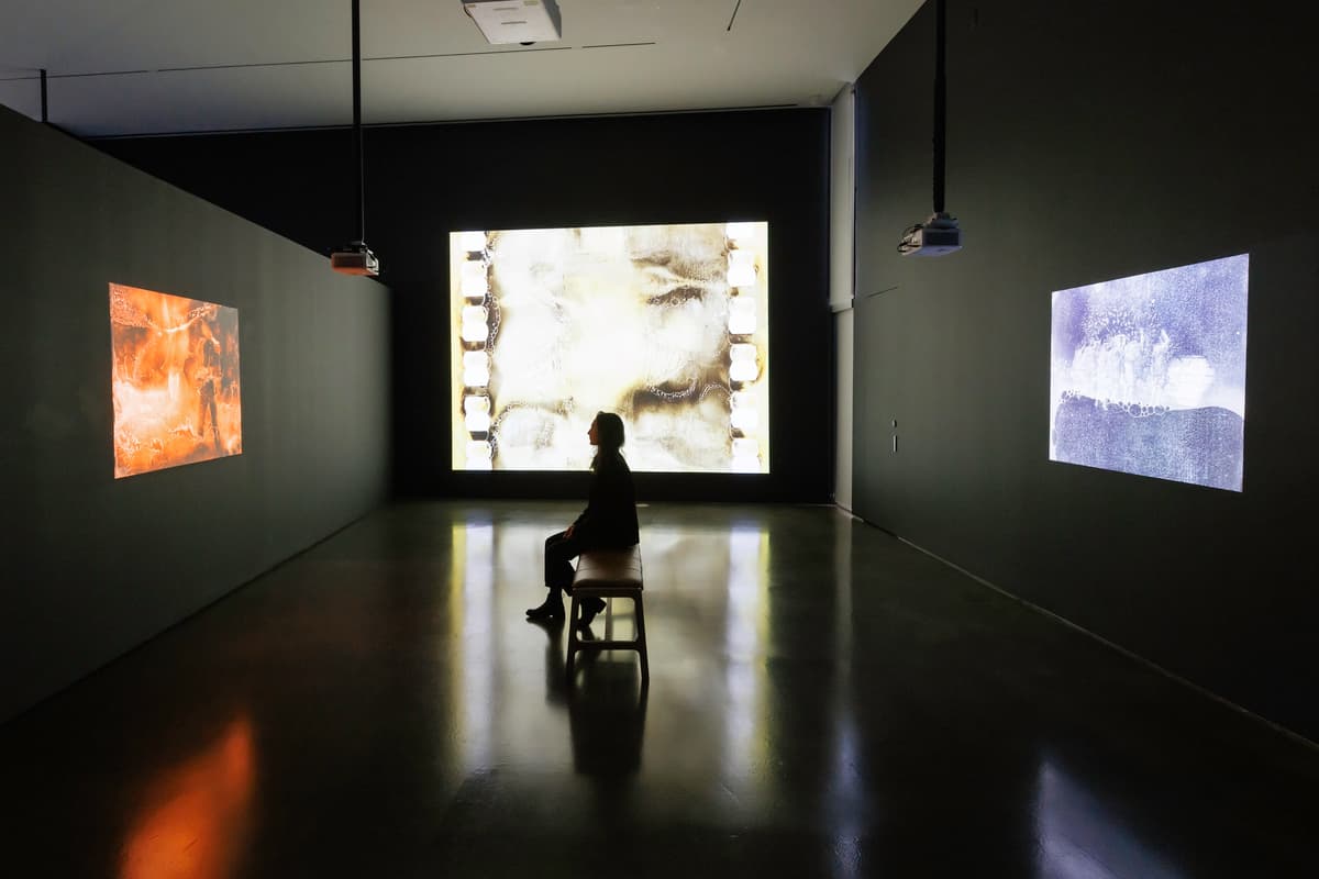 A person seated in a dark gallery space surrounded by three projected installations.
