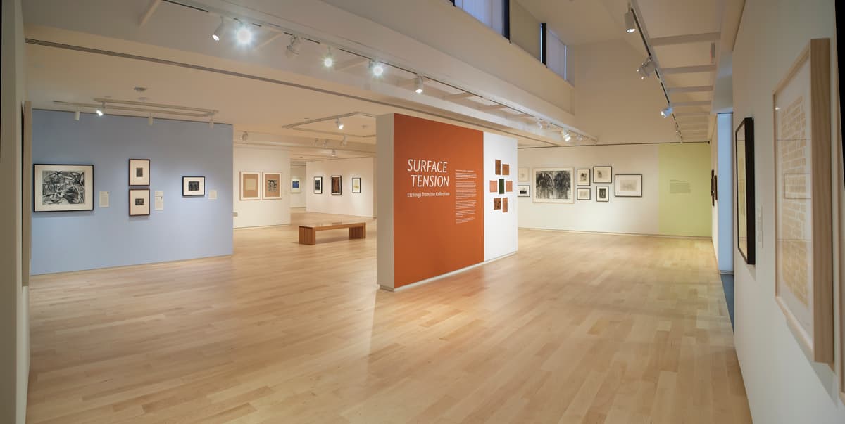 Wide gallery view featuring an orange exhibition title wall reading “Surface Tension” and surrounding works on pastel-colored walls