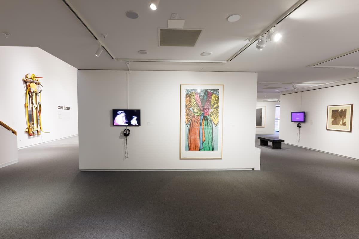 Colorful artwork of a robe-like form and a wall-mounted video screen centered on a gallery wall with additional artwork visible in the background including a wall based sculpture, additional wall-mounted video screen, and framed work of art.