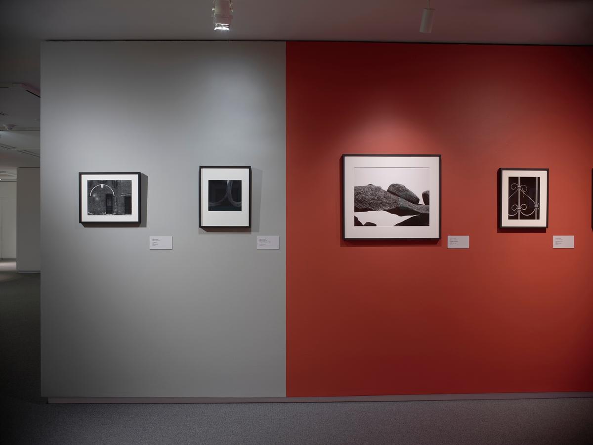 Framed black-and-white photographs on adjacent gray and red gallery walls