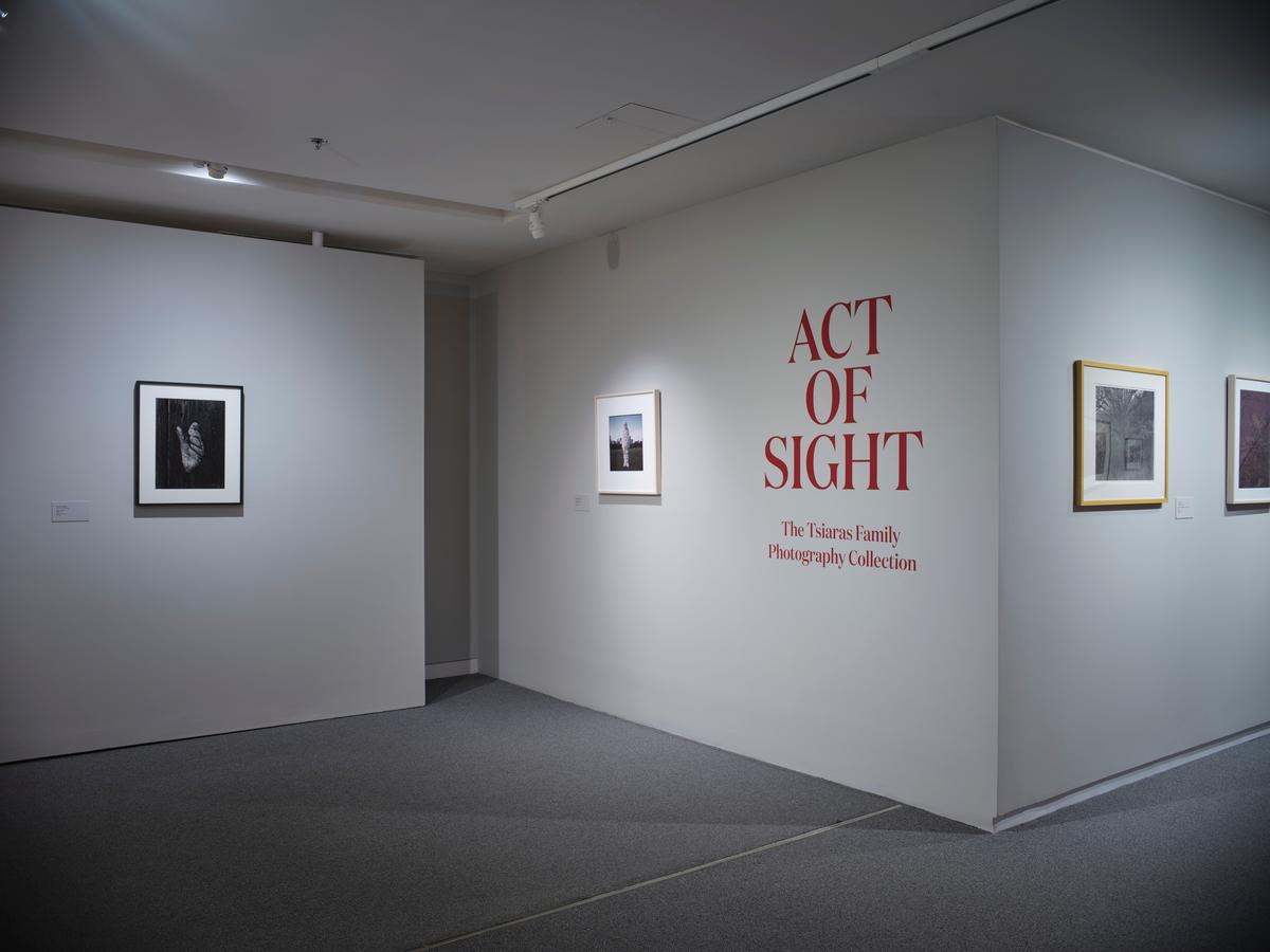 Gallery corner with framed photographs and wall text reading “Act of Sight”