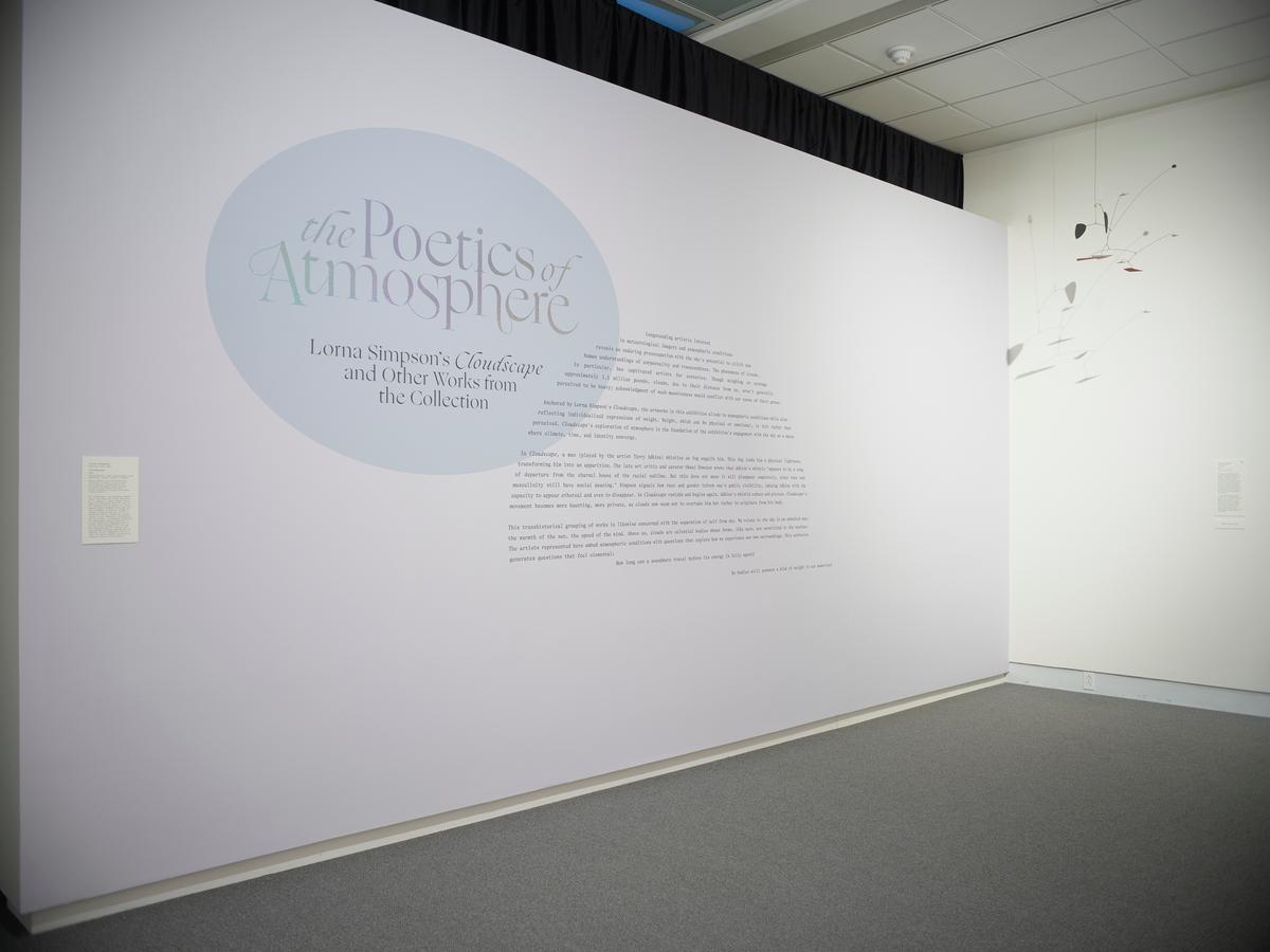 Exhibition title wall with introductory text and white hanging mobile nearby