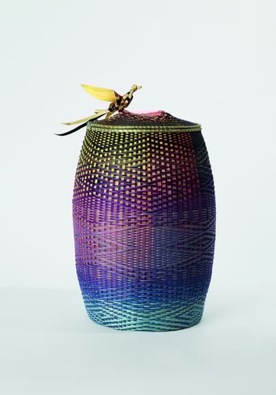 Tall woven basket with a colorful gradient pattern and a decorative element on top, set against a light background