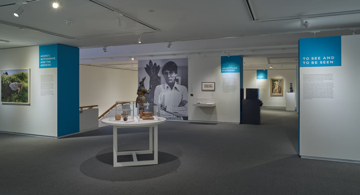 A wide gallery view showing various themed sections of the exhibition identified by wall text.