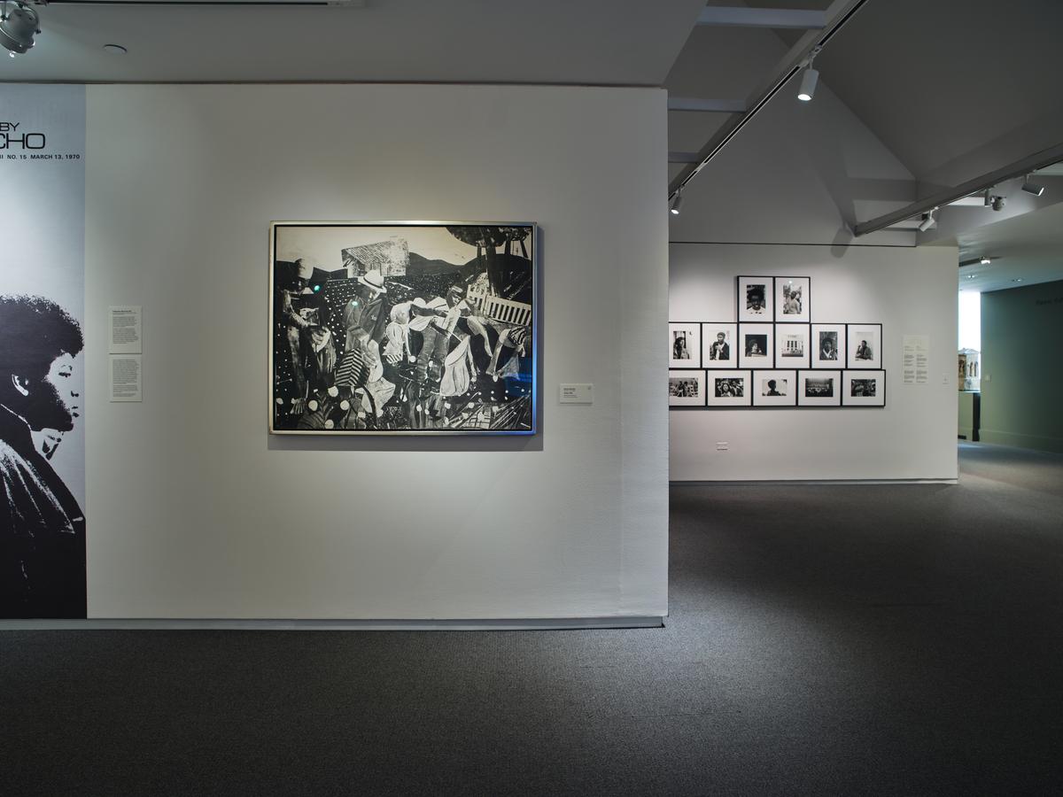 Black-and-white collage in foreground and grid of black-and-white photos int he background.