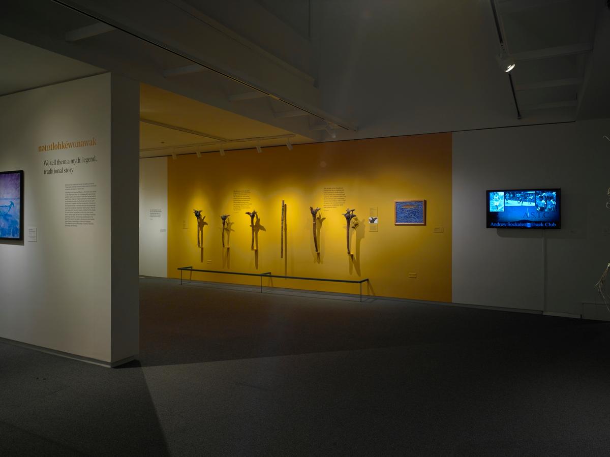 Carved wooden paddles mounted on a yellow gallery wall with interpretive text and video screen nearby