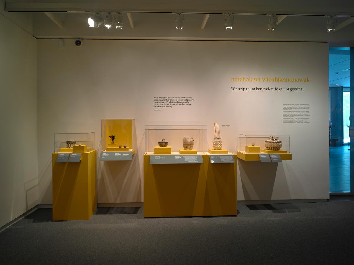 Baskets and woven objects displayed in clear cases on yellow pedestals against a white gallery wall with interpretive text