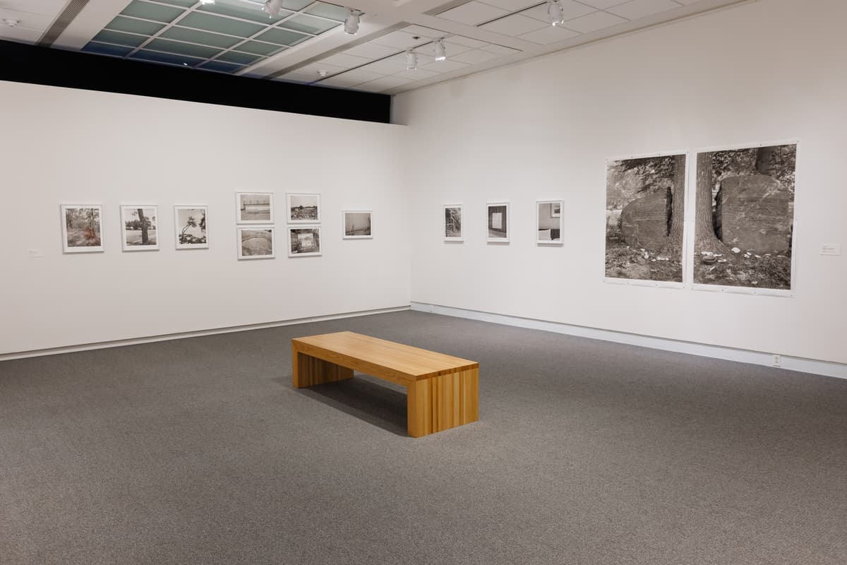 Black-and-white photographs in various sizes arranged on white gallery walls with a wooden bench centered in the space.