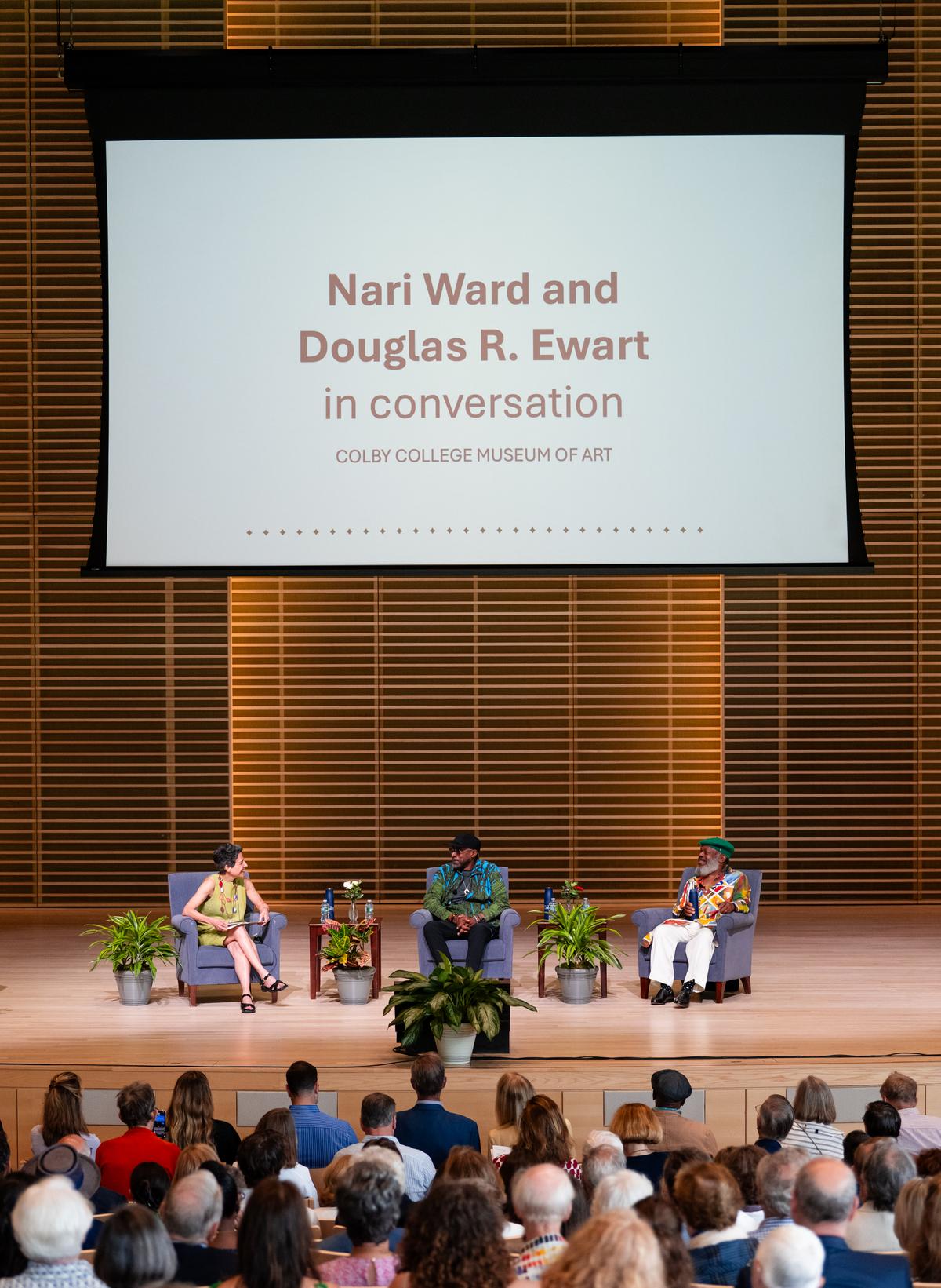 Jacqueline Terrassa, Nari Ward, and Douglas R. Ewart seated on stage