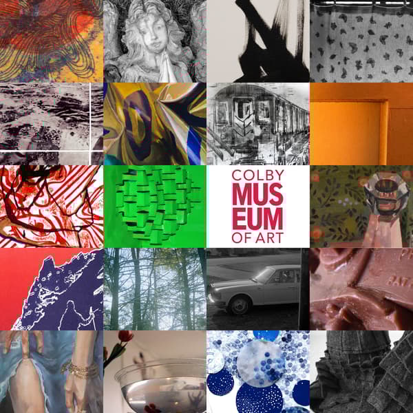 A grid of artworks surrounding the Colby Museum of Art logo