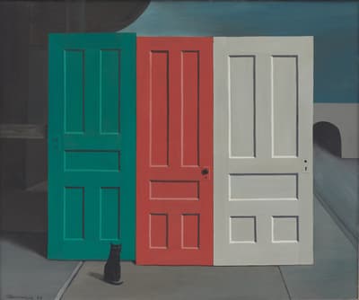 A painting of a green, red, and white door freestanding in the middle of a room with a black cat sitting in front of them.