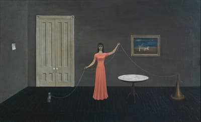 A dark, surreal painting of a woman wearing a coral dress in a dark, gray room, holding up a long string that stretched across the painting.