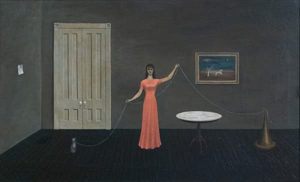 A dark, surreal painting of a woman wearing a coral dress in a dark, gray room, holding up a long string that stretched across the painting.