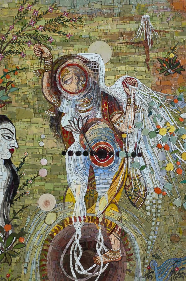 Colorful mosaic art of a winged woman holding a lotus. The intricate tile work shows details of a second figure, spiritual symbols, and botanical elements, ideal for showcasing Indian-inspired mosaic designs.