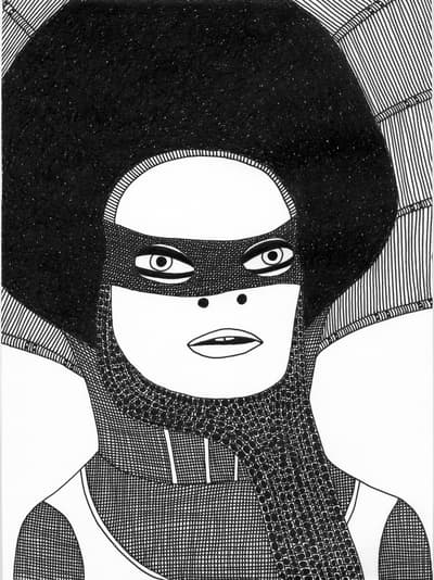 In a black and white drawing by Laylah Ali, A stylized portrait features a figure adorned with intricate black and white patterns.