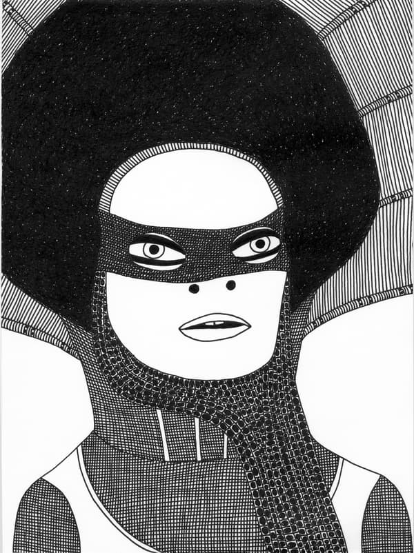 In a black and white drawing by Laylah Ali, A stylized portrait features a figure adorned with intricate black and white patterns.