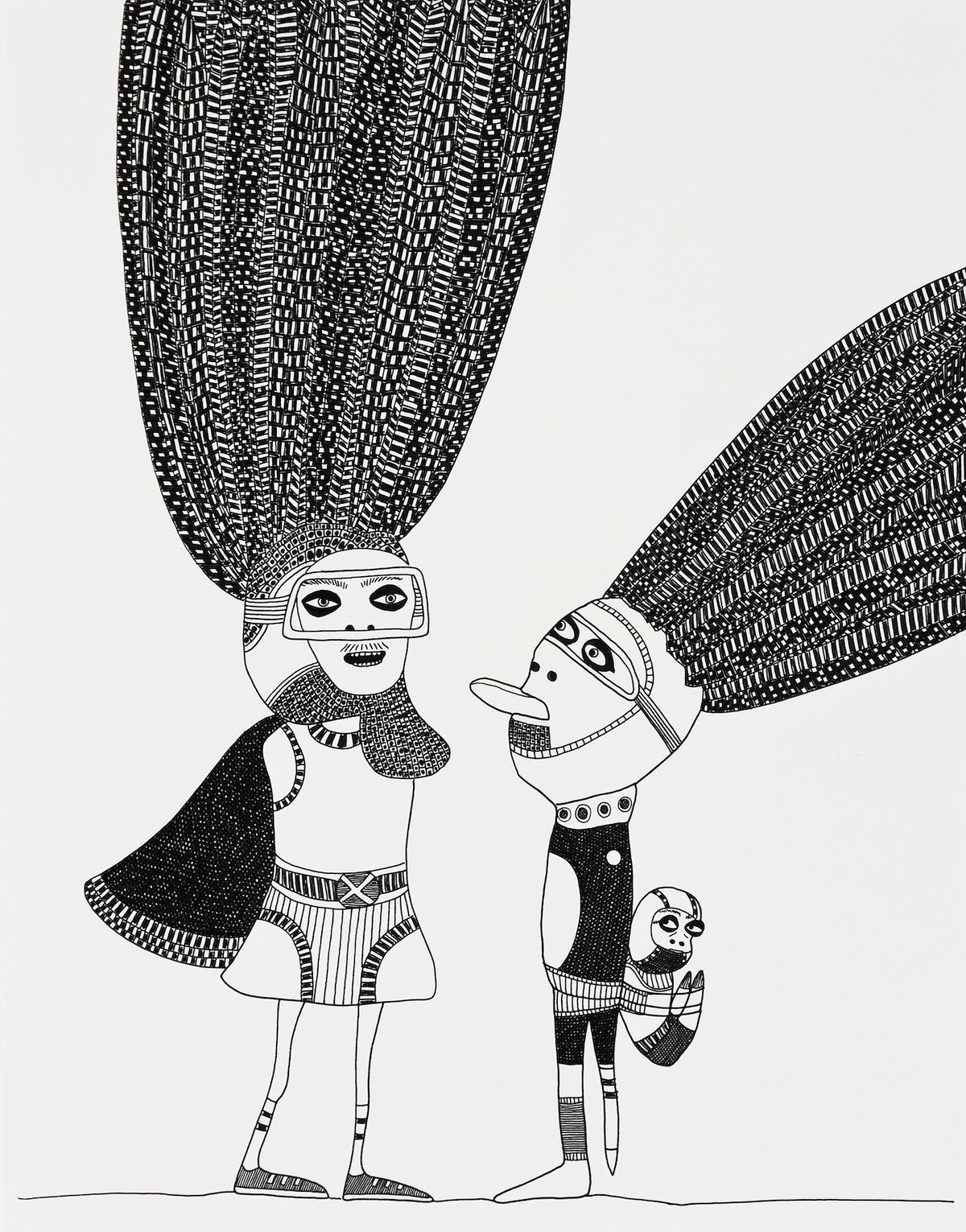 In a black and white drawing by artist Laylah Ali, two stylized figures with elaborate hairstyles engage in conversation, adorned in graphic black and white costumes against a blank background.
