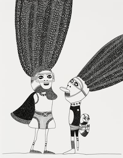 In a black and white drawing by artist Laylah Ali, two stylized figures with elaborate hairstyles engage in conversation, adorned in graphic black and white costumes against a blank background.