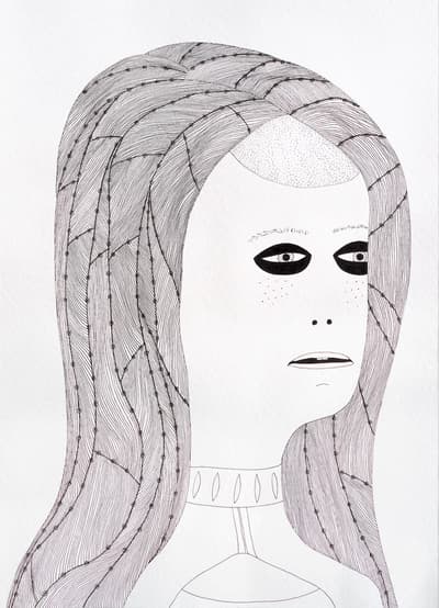 In a black and white drawing by artist Laylah Ali, a stylized illustration of a figure with intricate, flowing hair and a decorative collar, set against a soft white background.