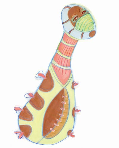 In a colorful drawing by artist Laylah Ali, a whimsical, colorful creature with a long neck, wearing a striped mask, featuring a patchwork body and playful appendages.