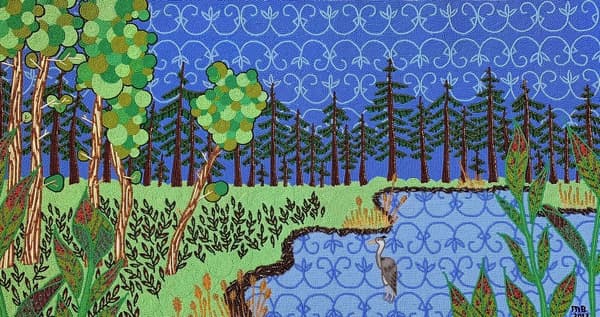 An intricately and colorfully beaded artwork depicting a river and river bed with trees.