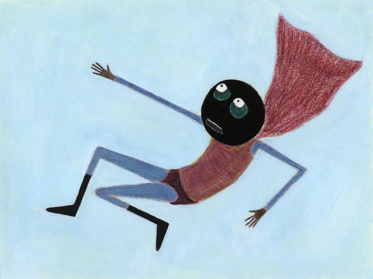A simple, graphic painting of a figure with a black head and wide, upward-looking eyes. The figure wears a dark red cape and an orange shirt over blue pants, with arms outstretched as if floating or falling.