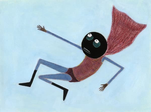 A simple, graphic painting of a figure with a black head and wide, upward-looking eyes. The figure wears a dark red cape and an orange shirt over blue pants, with arms outstretched as if floating or falling.