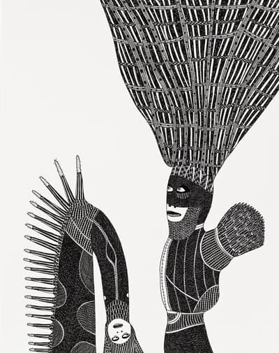 A detailed black and white illustration of two figures with large, elaborate headpieces. One figure has a tall, plume-like headpiece and the other a large, flowing, and textured headdress. The artwork is made of intricate, repetitive lines and patterns.