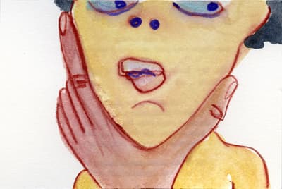A close-up, cropped watercolor painting of a person's face. A large hand, painted in red, cups the face, covering the chin. The person's mouth is slightly open, revealing a blue, squiggly line. The eyes are wide, with bright blue pupils.