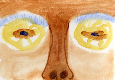 A close-up watercolor painting of a person's eyes and the bridge of their nose. The eyes have bright yellow and orange rings around dark blue pupils, and the eyebrows are a light blue. The skin is a blend of brown and tan tones.