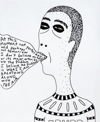 A black and white ink drawing of a person from the shoulders up, with an elongated head, a wide mouth, and large, dark eyes. A speech bubble extends from the mouth, containing a handwritten passage that begins, "At this moment not and perhaps yesterday not tomorrow..."