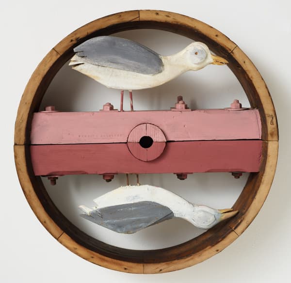 Artwork by artist Bernard Langlais depicting two seagulls inscribed within a circular form.