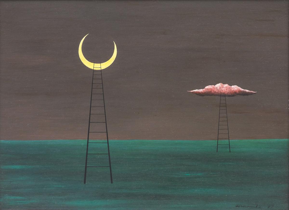 A surreal painting of two ladders in a dark landscape, one reaching a crescent moon and the other a pink cloud.