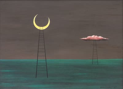A surreal painting of two ladders in a dark landscape, one reaching a crescent moon and the other a pink cloud.