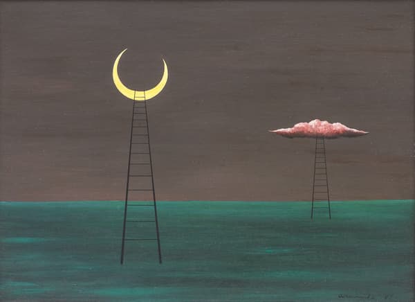 A surreal painting of two ladders in a dark landscape, one reaching a crescent moon and the other a pink cloud.